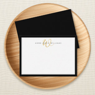 Minimalistische Zwarte Twee Rand Gouden Monogram Notitiekaartje