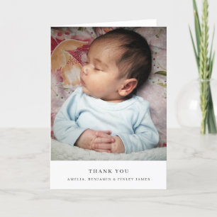 Minimalistische zwarte typografie babyfoto gevouwe bedankkaart