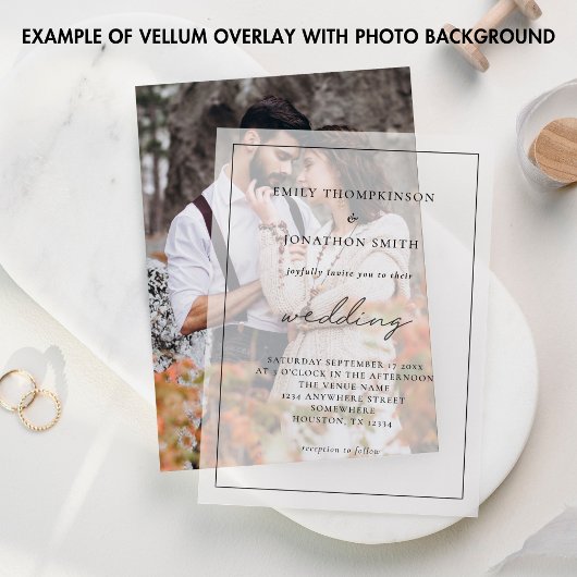 Minimalistische zwarte typografie bruiloft vellum uitnodigingen