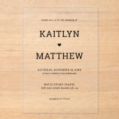 Minimalistische zwarte typografie met een hartenbr acryl uitnodigingen (Voorkant)