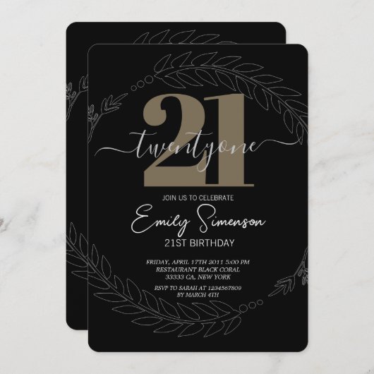 Minimalistische zwarte uitnodiging 21ste verjaarda (Voorkant / Achterkant)