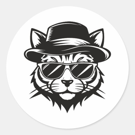 Minimalistische Zwarte Vector Kunst van een Kat Ronde Sticker (Voorkant)