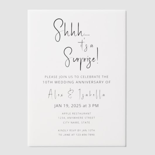 Minimalistische zwarte verrassing 10e huwelijksver vellum uitnodigingen (Voorkant)