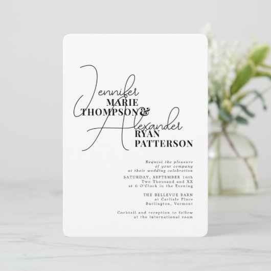 Minimalistische zwarte witte All-in-One & RSVP QR- Kaart (Staand voorkant)