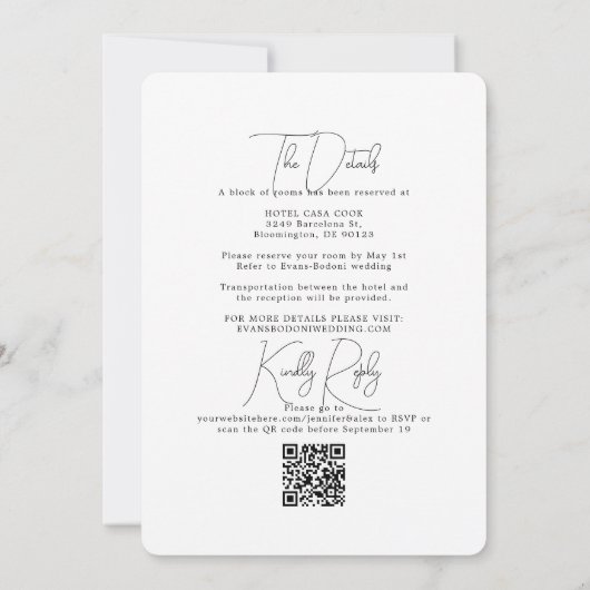 Minimalistische zwarte witte All-in-One & RSVP QR- Kaart (Achterkant)