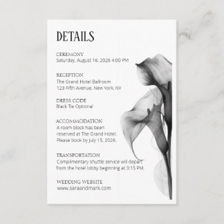Minimalistische Zwarte & Witte Calla Lelie Huwelij Informatiekaartje