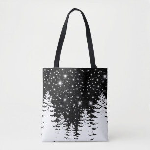 Minimalistische zwarte witte dennenbos nachtelijke tote bag