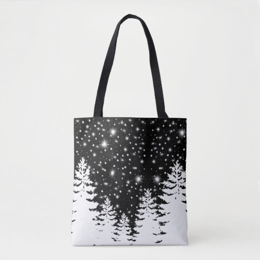 Minimalistische zwarte witte dennenbos nachtelijke tote bag (Voorkant)