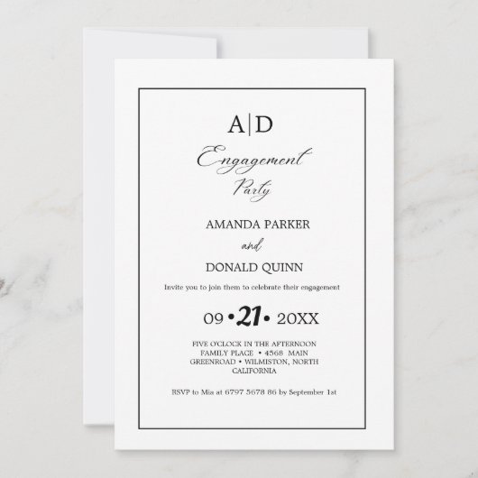 Minimalistische zwarte & witte monogram verlovings kaart (Voorkant)