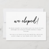 Minimalistische zwarte witte script bruiloft Elope Aankondiging (Voorkant)