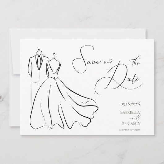 Minimalistische zwarte witte script bruiloft save the date (Voorkant)