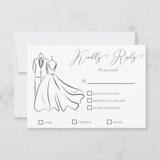 Minimalistische Zwarte Witte Script Formele Trouwd RSVP Kaartje (Voorkant)