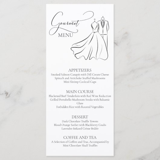 Minimalistische Zwarte Witte Script Trouw Gourmet  Menu (Voorkant)