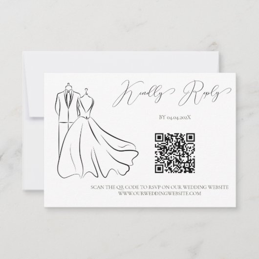 Minimalistische Zwarte Witte Script Trouw QR Code RSVP Kaartje (Voorkant)