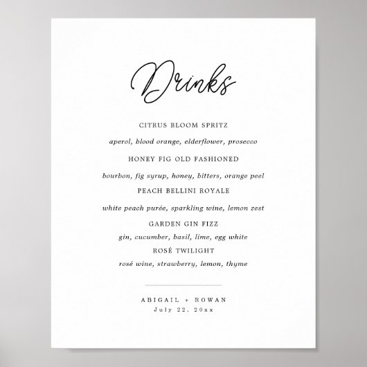 Minimalistische Zwarte Witte Script Trouwbarmenu Poster (Voorkant)