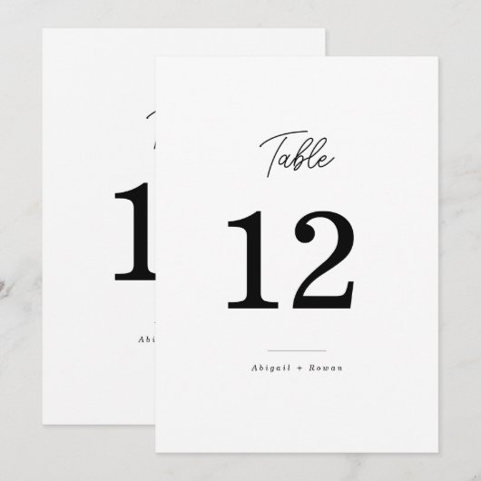 Minimalistische Zwarte Witte Script Trouwtafel Num Kaart (Voorkant / Achterkant)