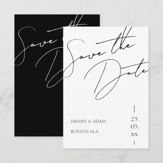 Minimalistische Zwarte Witte Script Typografie Tro Save The Date (Voorkant / Achterkant)