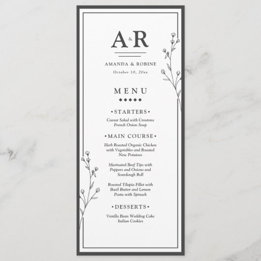 Minimalistische Zwarte & Witte Trouwdag Menu (Voorkant)