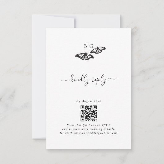 Minimalistische zwarte witte vlinder monogram brui RSVP kaartje (Voorkant)