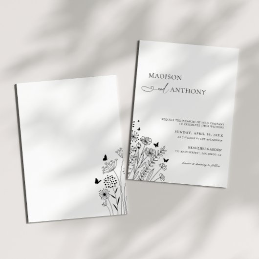 Minimalistische Zwarte Witte Wilde Bloem Bruiloft Kaart