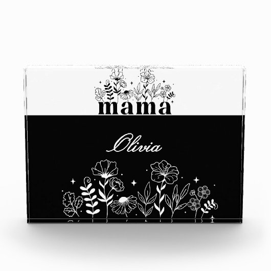 Minimalistische Zwarte & Witte Wilde Bloem Mama Op Fotoblokken (Voorkant)