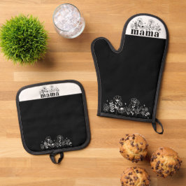 Minimalistische Zwarte & Witte Wilde Bloem Mama Ovenwant & Pannenlap Set