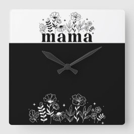 Minimalistische Zwarte & Witte Wilde Bloem Mama Vierkante Klok