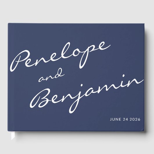 MinimalistischNavy Blue Boho Script Wedding Custom Gastenboek (Voorkant)