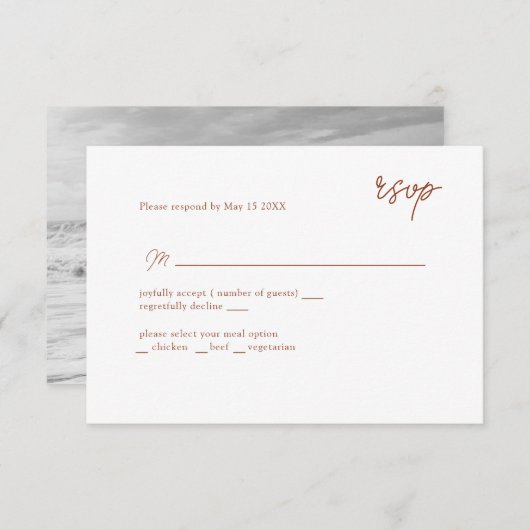 MInimally terracotta scripted RSVP (Voorkant / Achterkant)