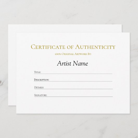 Minimumcertificaat van echtheid kaart (Voorkant / Achterkant)