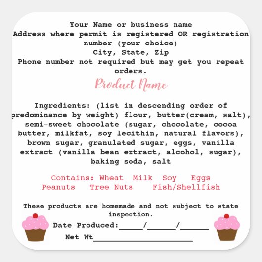 Mininesota Cottage Food Law Label home bakkerij (Voorkant)