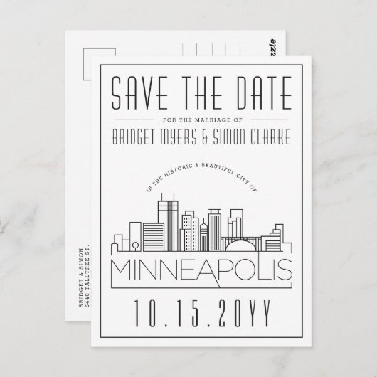 Minneapol Bruiloft | Gestileerde skyline De datum Briefkaart (Voorkant / Achterkant)