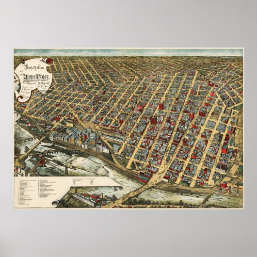 Minneapolis birdseye map - 1891 (Smith) BigMapBlo Poster (Voorkant)