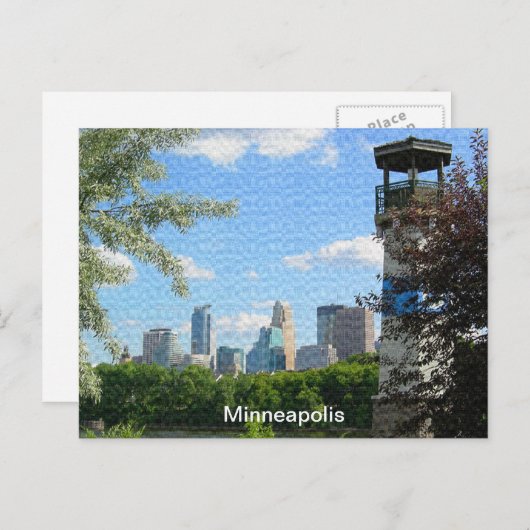 Minneapolis en vuurtoren van Boom Island Briefkaart (Voorkant / Achterkant)