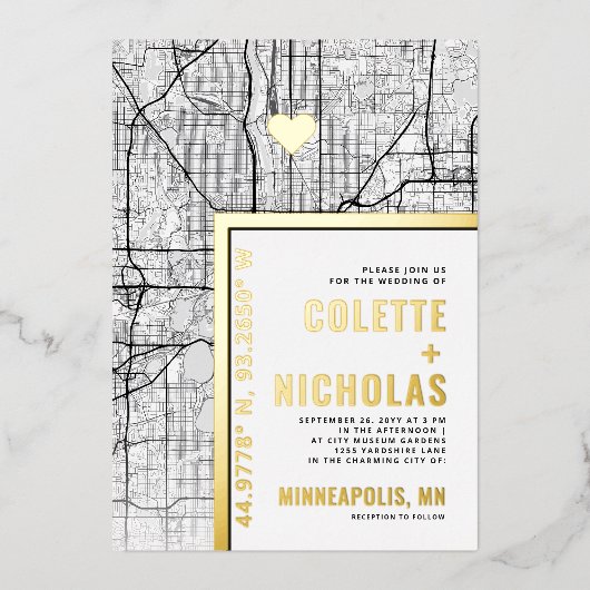 Minneapolis Love Locator | Stad thema bruiloft Folie Uitnodiging (Voorkant)
