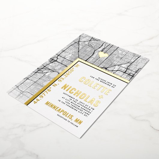 Minneapolis Love Locator | Stad thema bruiloft Folie Uitnodiging (Gedraaid)