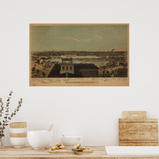 Minneapolis Minnesota 1874 Antiek Panoramische Kaa Poster (Keuken)