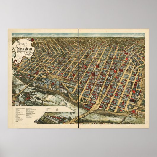 Minneapolis Minnesota 1891 Antiek Panoramische Kaa Poster (Voorkant)