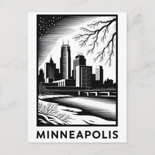 Minneapolis Minnesota Silhouet Zwart Wit Houtsnede Feestdagenkaart