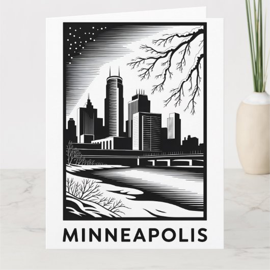 Minneapolis Minnesota Silhouet Zwart Wit Houtsnede Kaart (Voorkant)