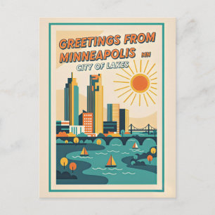 Minneapolis MN Stad van Meren Retro Briefkaart
