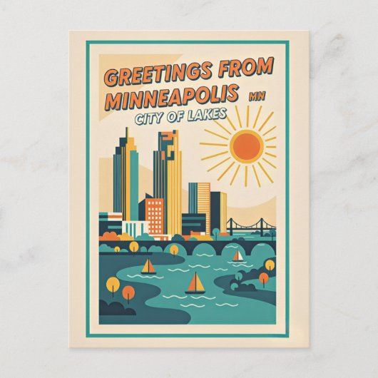 Minneapolis MN Stad van Meren Retro Briefkaart (Voorkant)