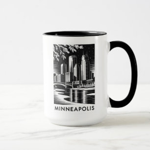 Minneapolis Silhouet Zwart en Wit Houtsnede Winter Mok