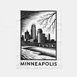 Minneapolis Skyline Black and White Woodcut Winter Fleece Deken