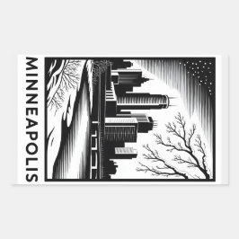 Minneapolis Skyline Black and White Woodcut Winter Rechthoekige Sticker