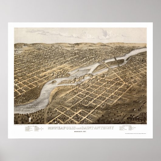Minneapolis & St. Anthony, MN Panoramic Map - 1867 Poster (Voorkant)