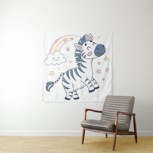 Minnelijke Cartoonzebra met Regenboog en Sterren | Wandkleed (In situ)