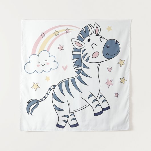 Minnelijke Cartoonzebra met Regenboog en Sterren | Wandkleed (Voorkant)