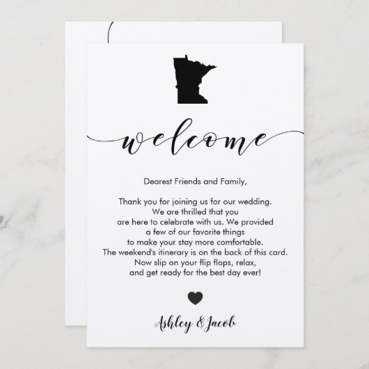 Minnesota bruiloft welkomstbrief en reisschema Kaa Programmakaart (Voorkant / Achterkant)