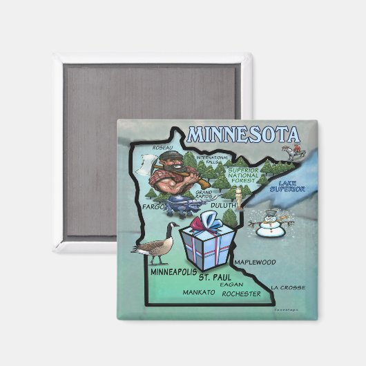 Minnesota Cartoon Map Magneet (Voorkant / Achterkant)